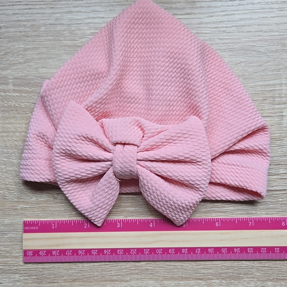 Baby Girl Pink Turban Hat Waffle Knit Big Bow Beanie Wrap Headband Sz 0-12M